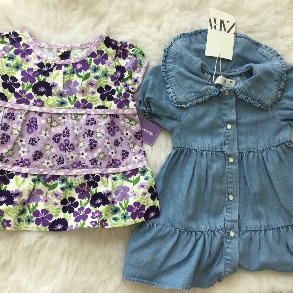 Zara Kids Dresses - Floral Purple and Denim Blue